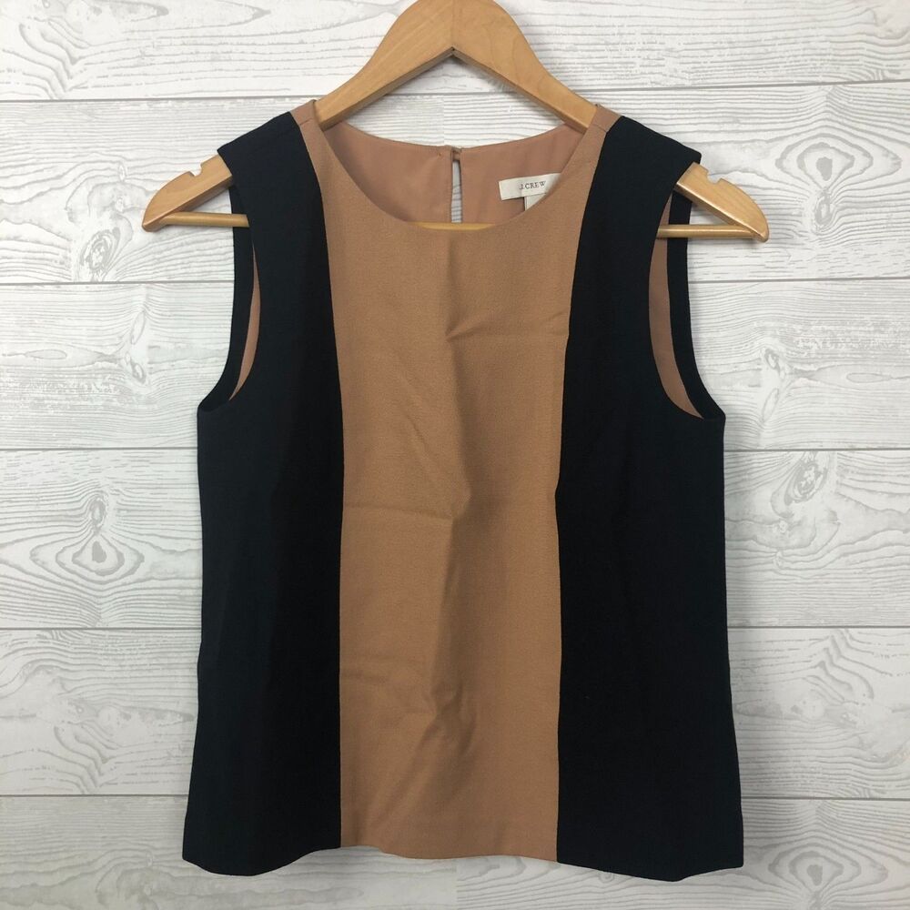 J Crew Women's Size 0 Color Block Tank Top 100% Wool Sleeveless Shirt Black Tan